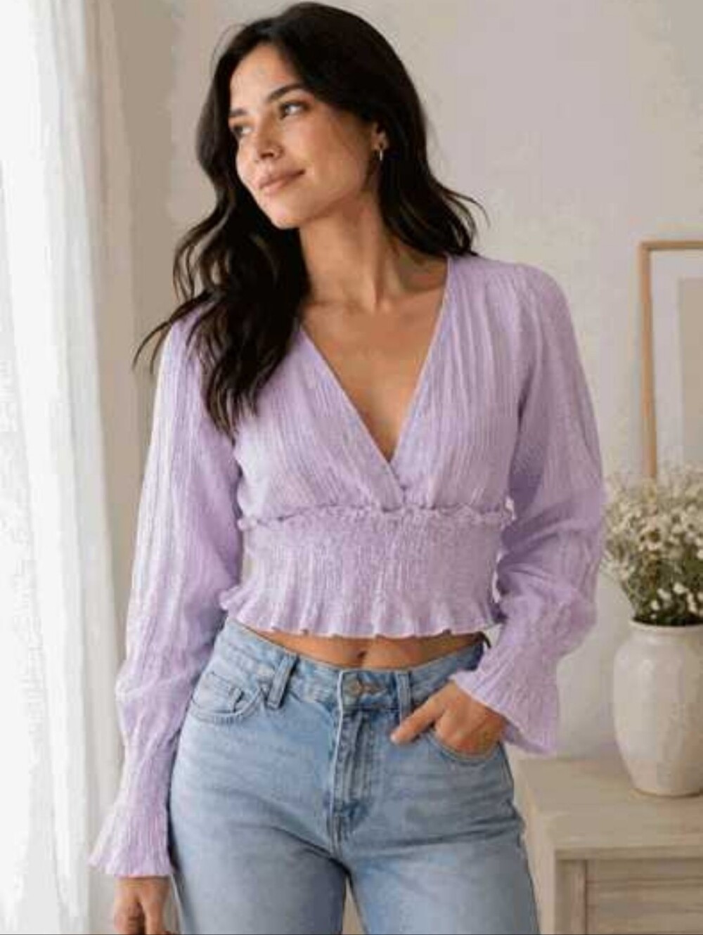 Smocked Waist V-Neck Long-Sleeve Top Light Lavender
